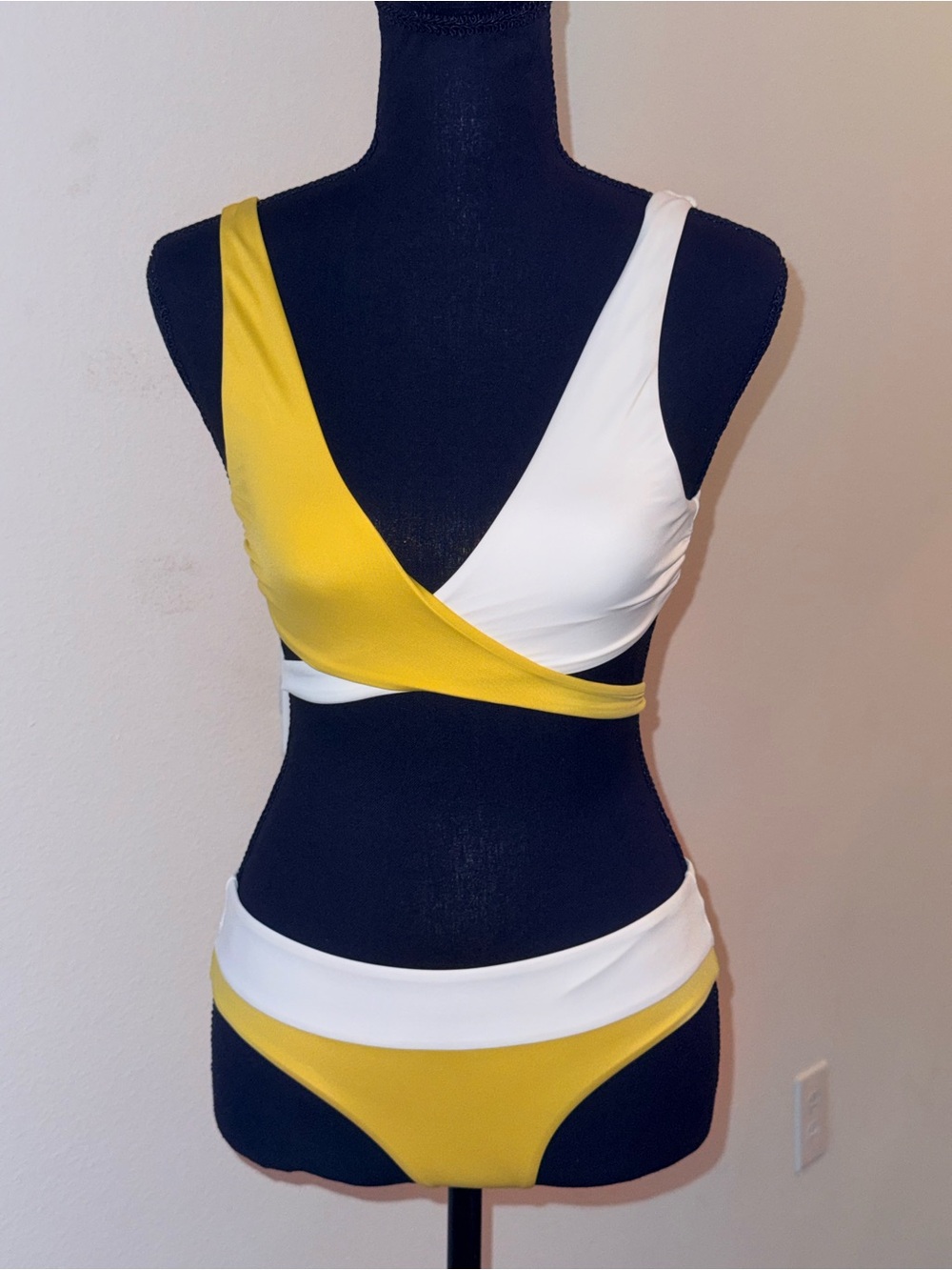 Tori Praver White and Mustard Yellow Wrap Bikini Set